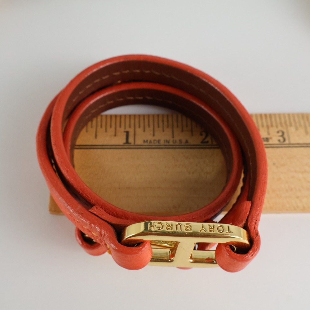 Tory Burch Orange Leather Triple Wrap Bracelet Gold Logo Hardware Small Wrist - Picture 5 of 5